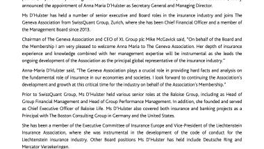 The Geneva Association Appoints Anna Maria D'Hulster as Secretary General
