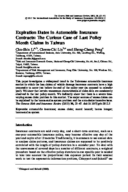 Expiration Dates In Automobile Insurance Contracts The Curious Case Of Last Policy Month Claims In Taiwan Geneva Association